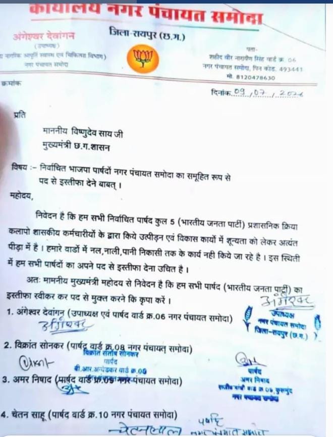 समोदा नगर पंचायत में भाजपा पार्षदों के इस्तीफे की चर्चा, वायरल पत्र से बढ़ी सियासी हलचल